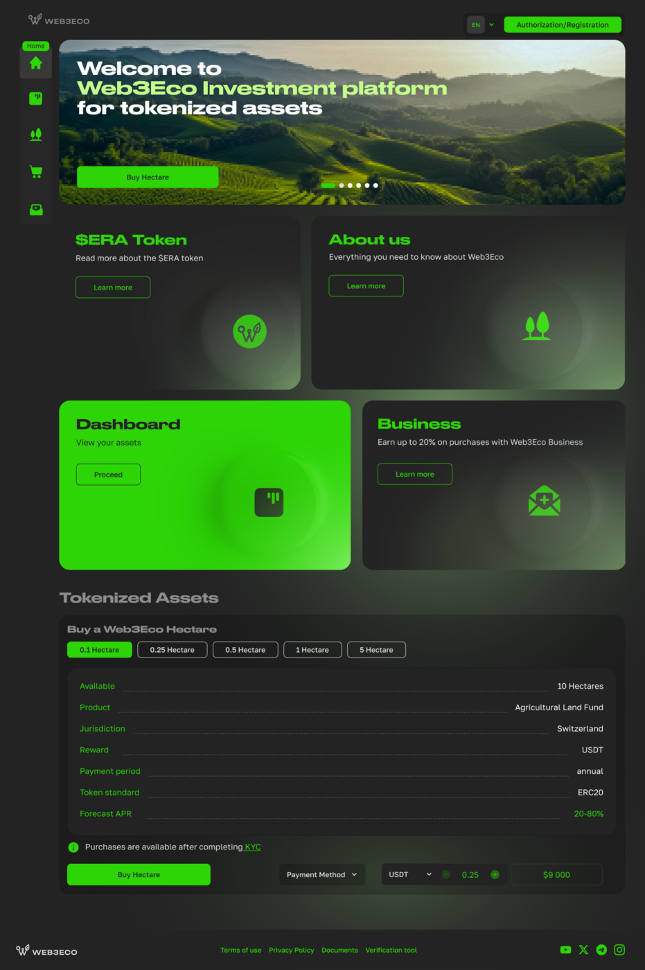 Web3Eco — главный экран платформы с покупкой гектаров