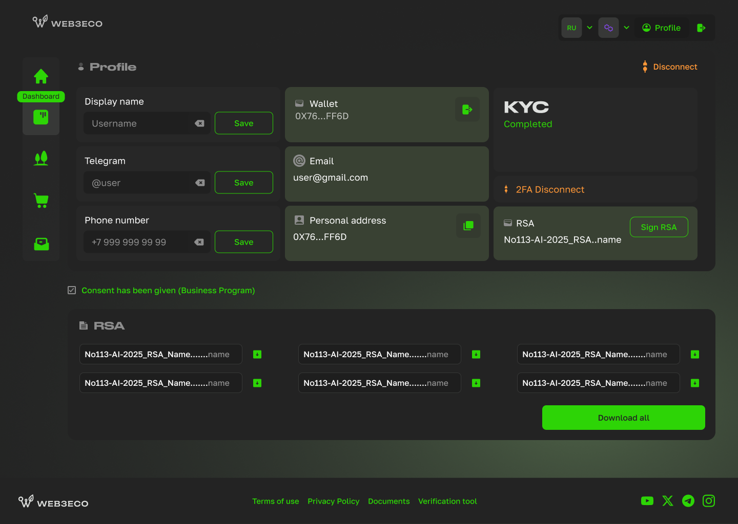 Web3Eco — профиль с кошельком, статусом KYC и RSA-документами